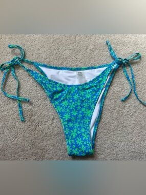 Bright Swimwear Blue& Green Floral Tie-Side Cheeky Bikini Bottom M nwot